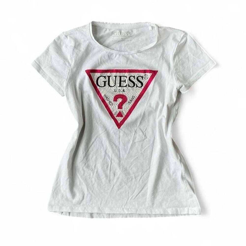 Y2K Guess White Baby Tee w/ Pink Triangle Logo – Fits Women’s XS/S